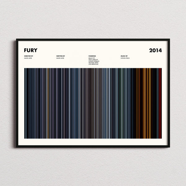 Fury Movie Barcode Poster framed and photographed straight on