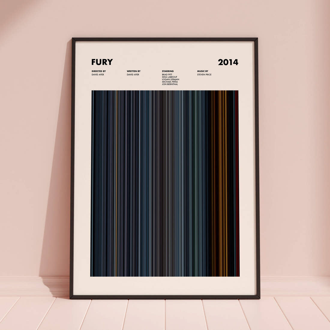 Fury Movie Barcode Poster framed and leaning against a coloured wall
