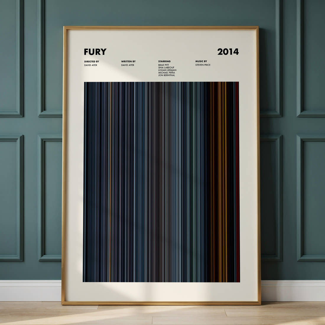 Fury Movie Barcode Poster framed and leaning against a panelled wall