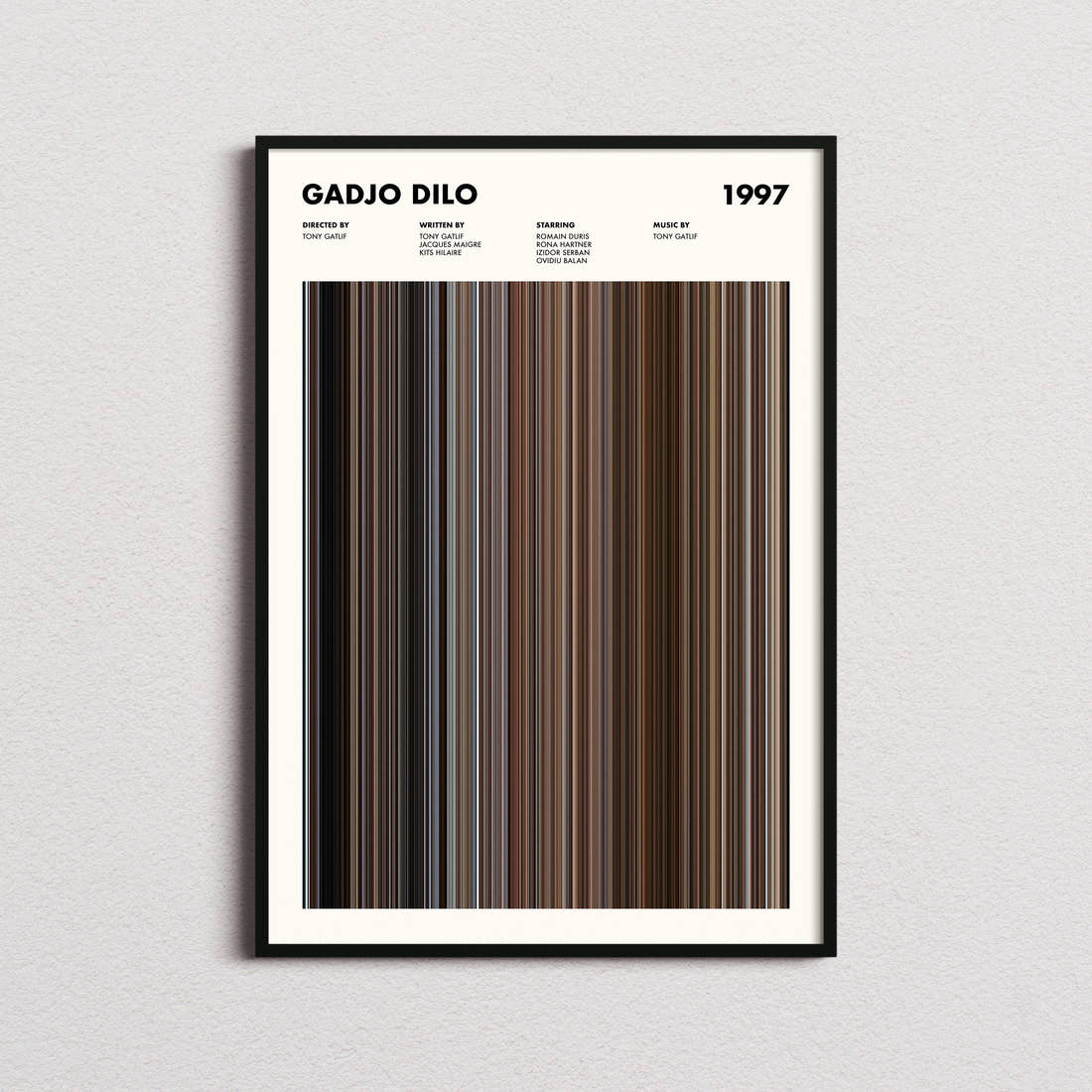 Gadjo Dilo Movie Barcode Poster framed on a plain studio wall