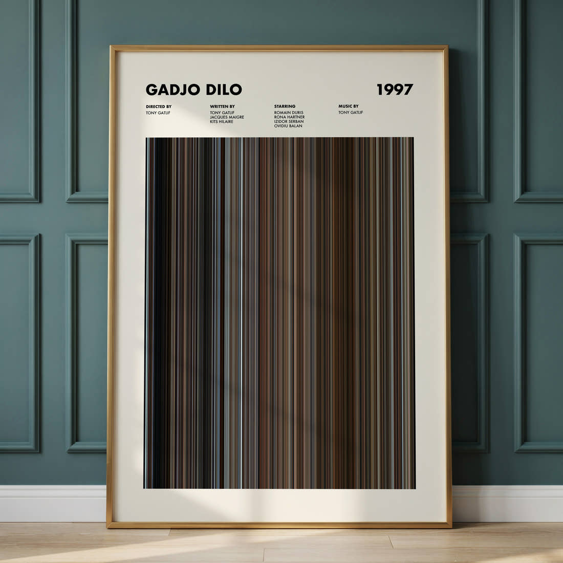 Gadjo Dilo Movie Barcode Poster framed and leaning against a panelled wall