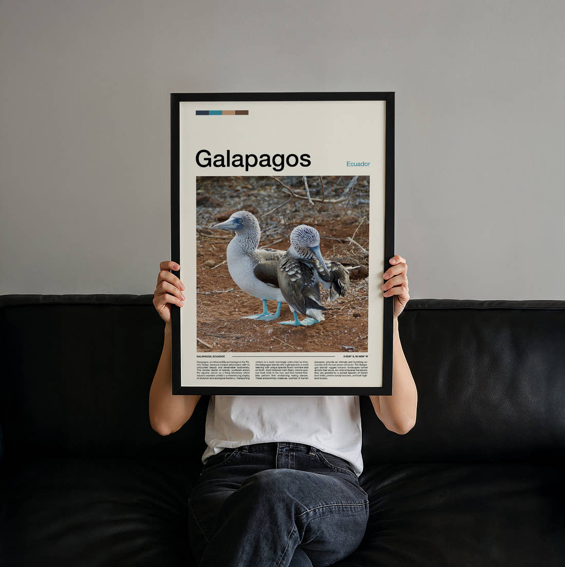 Galapagos Blue Footed Boobies Travel Print held up by hand to show the size of the print