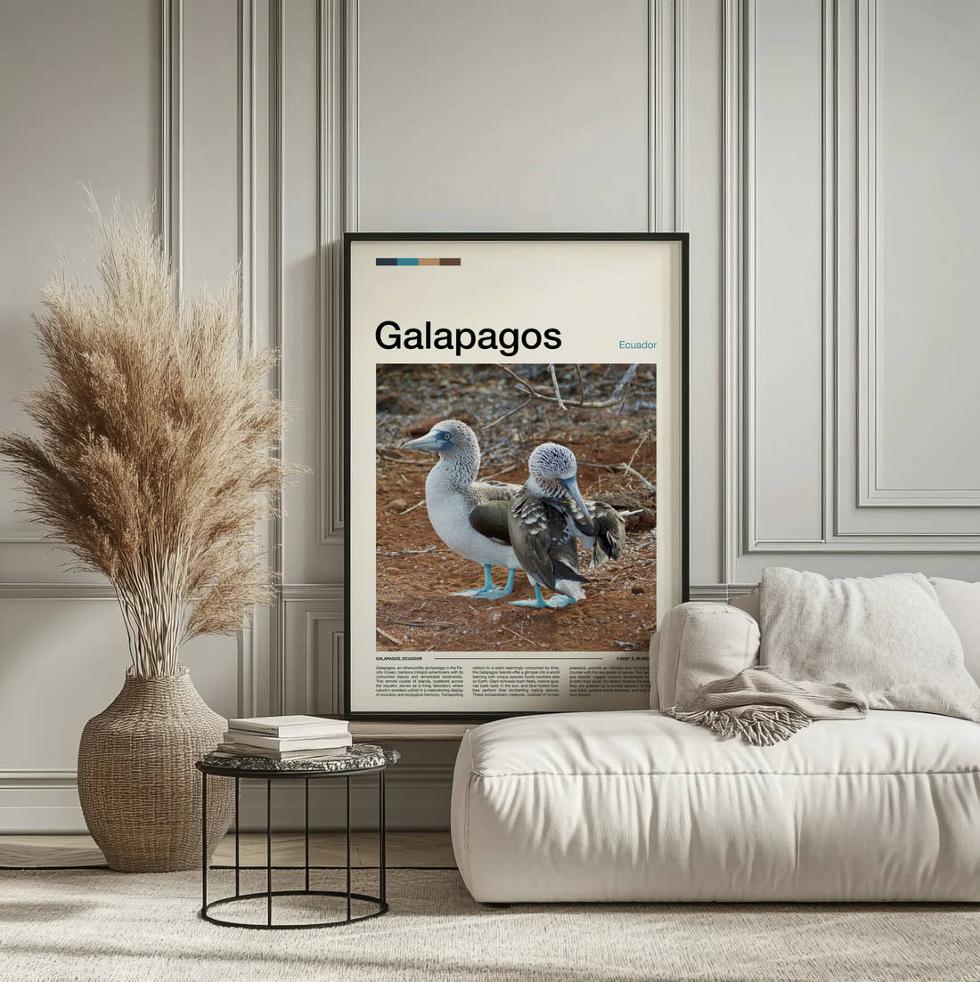 Galapagos Blue Footed Boobies Travel Print framed on the wall of a calm, neutral bedroom