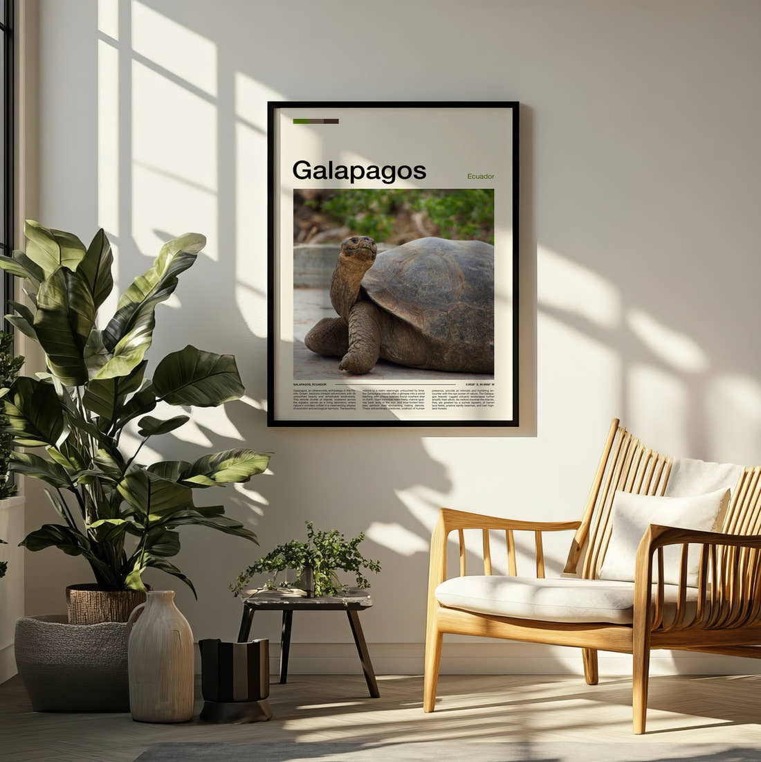 Galapagos Giant Tortoise Travel Print framed on a pale wall beside houseplants