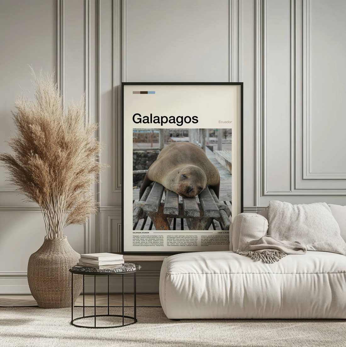 Galapagos Sleeping Sea Lion Travel Print framed on the wall of a calm, neutral bedroom