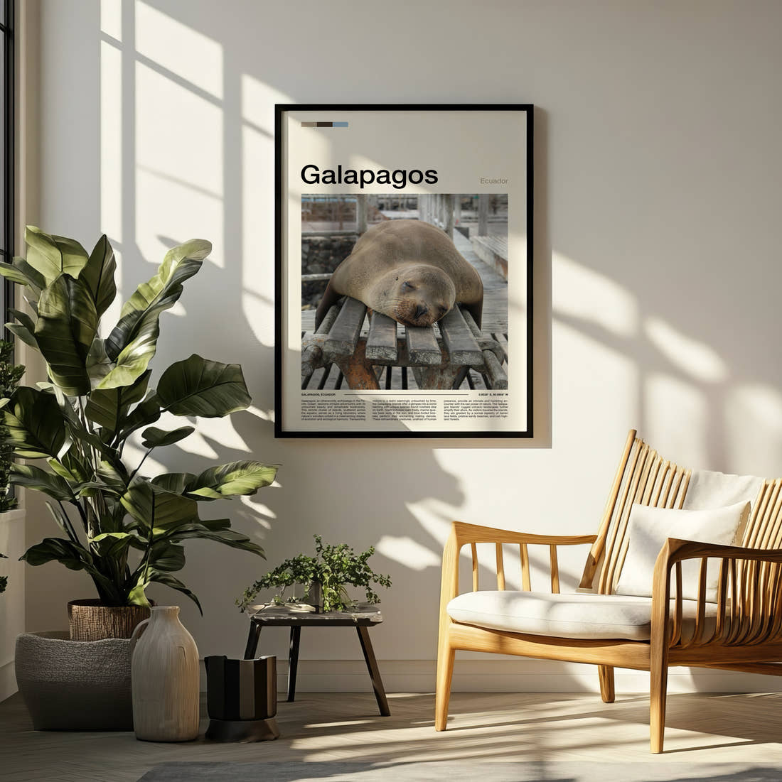 Galapagos Sleeping Sea Lion Travel Print framed on a pale wall beside houseplants