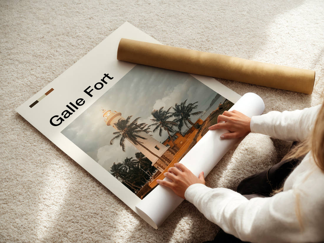 Galle Fort Lighthouse And Palms Travel Print being unrolled from its postal tube