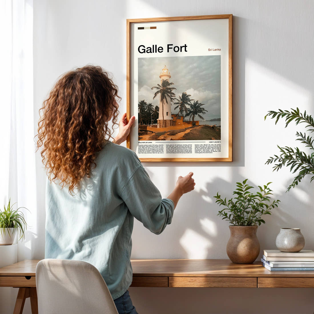 Galle Fort Lighthouse And Palms Travel Print framed on a pale wall beside houseplants