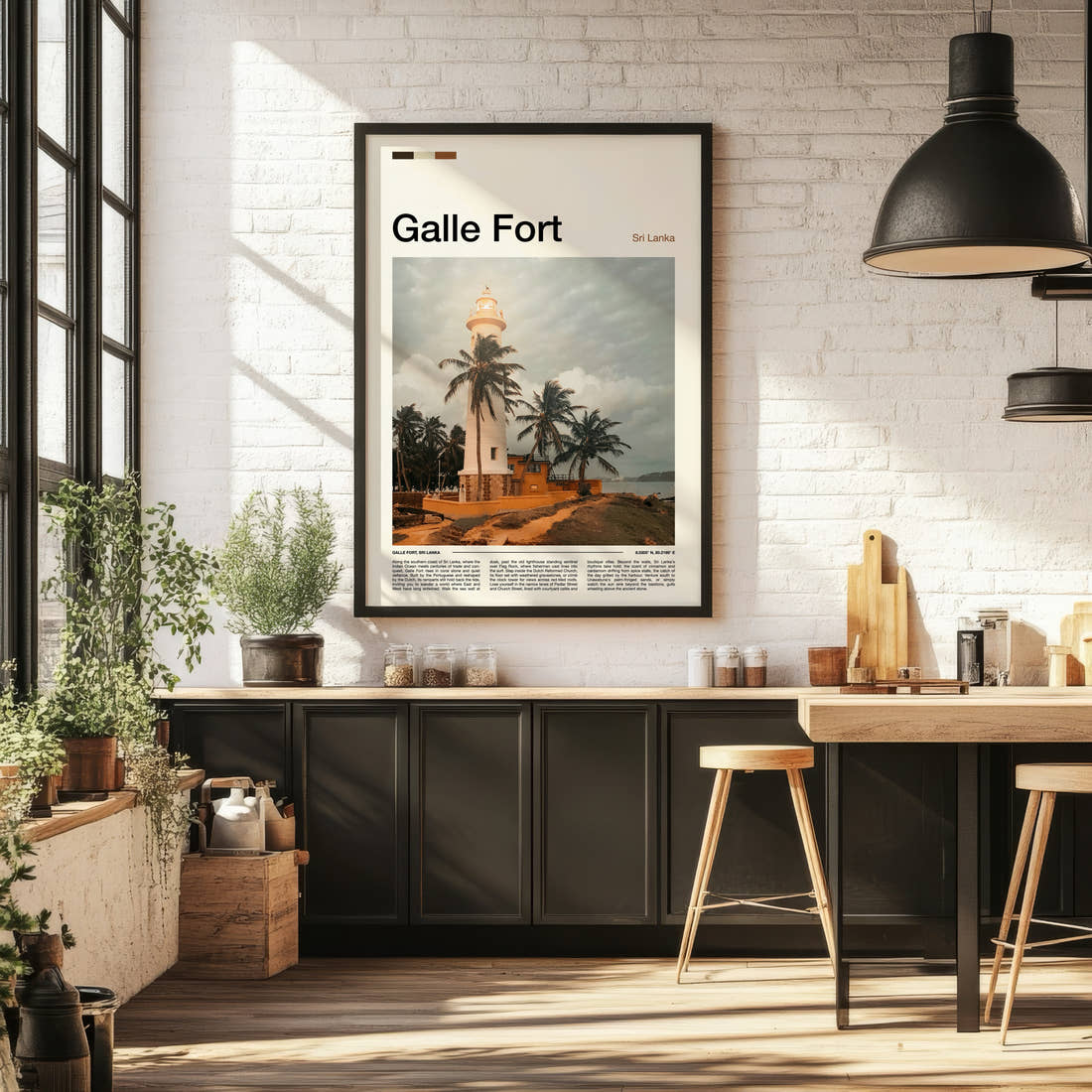 Galle Fort Lighthouse And Palms Travel Print framed on the wall of a bright kitchen and dining space