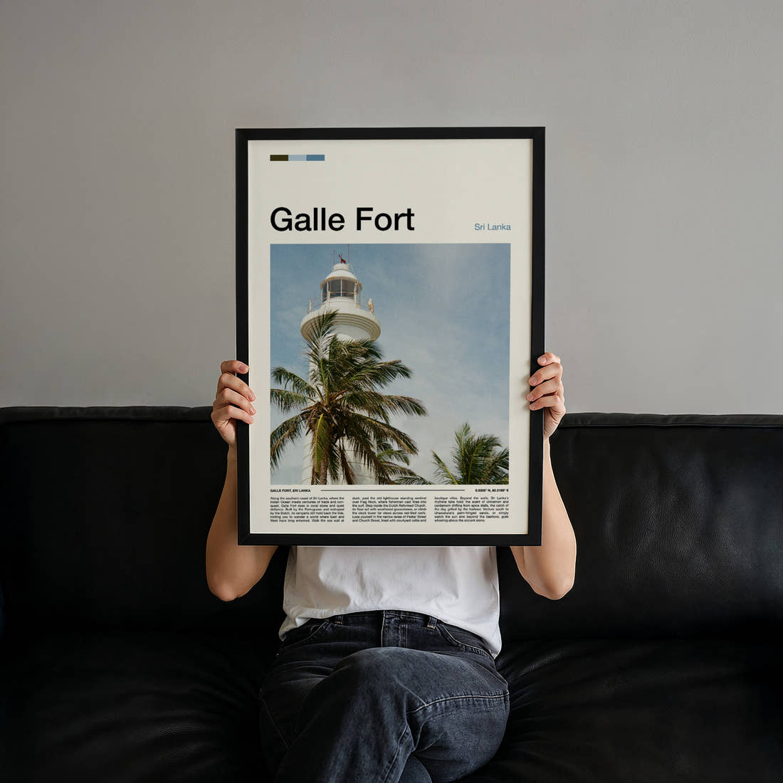 Galle Fort Lighthouse And Palms Travel Print held up by hand to show the size of the print