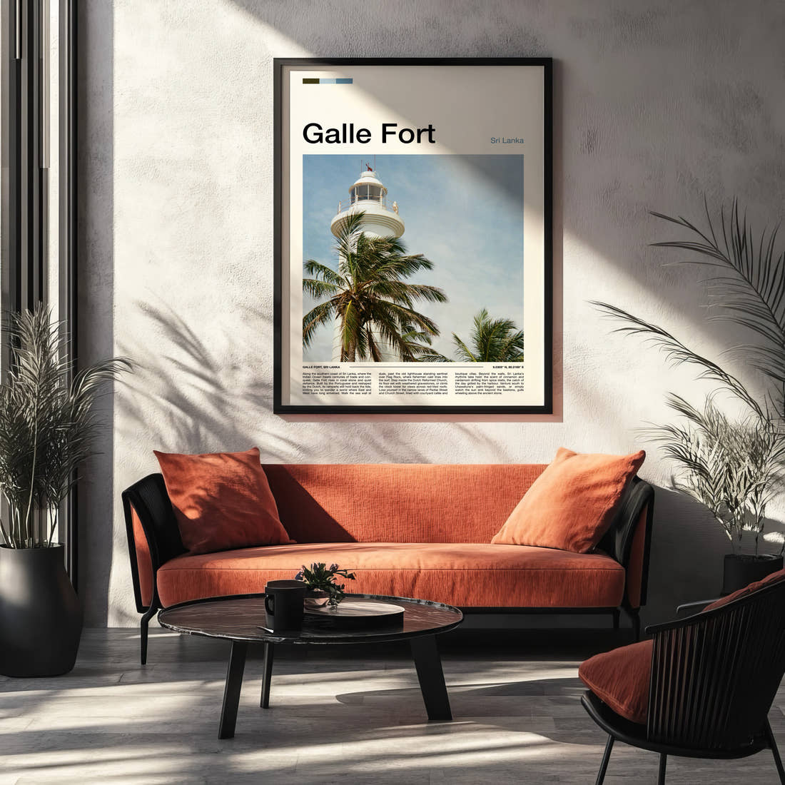 Galle Fort Lighthouse And Palms Travel Print framed on the wall of a modern living room