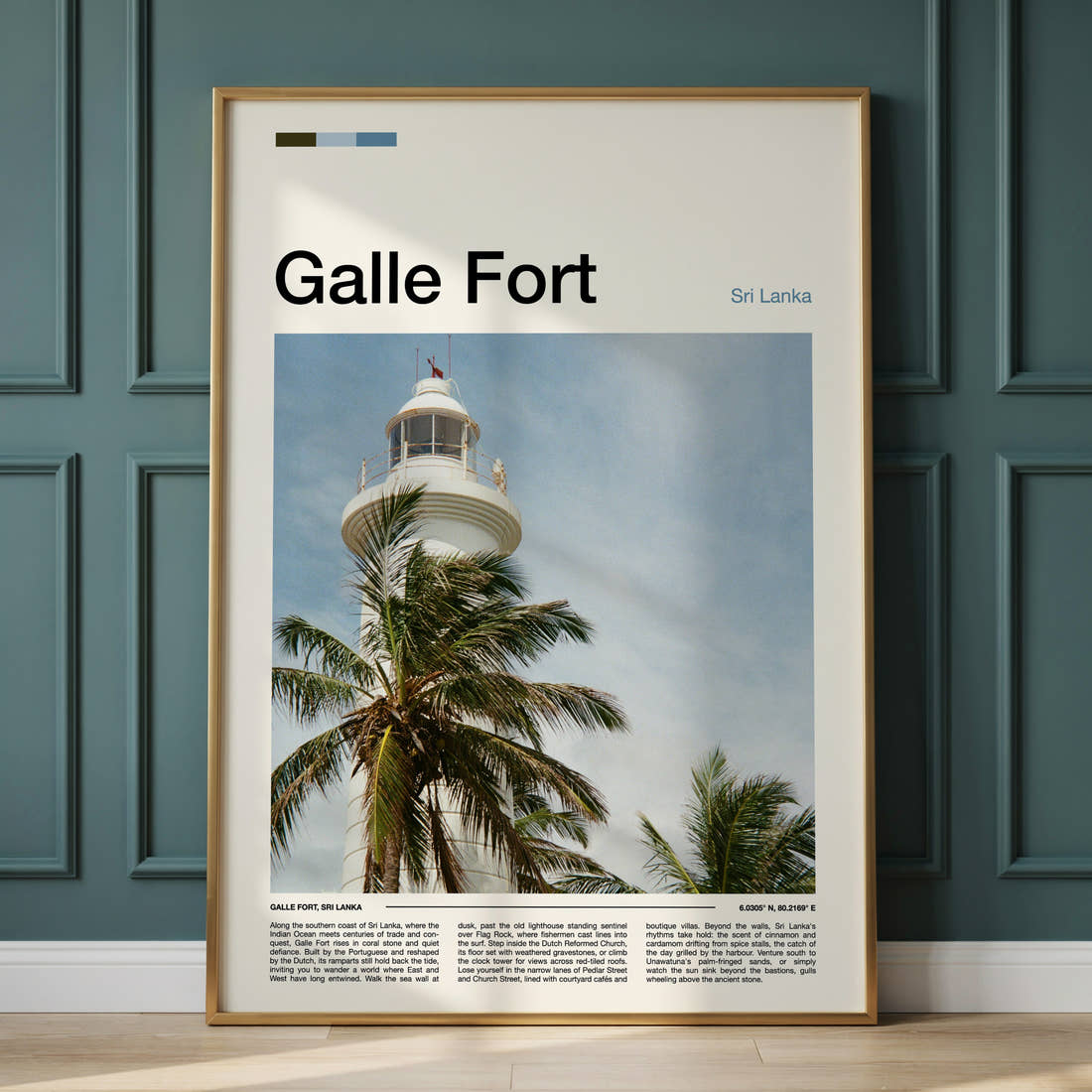 Galle Fort Lighthouse And Palms Travel Print framed on the wall of a calm, neutral bedroom