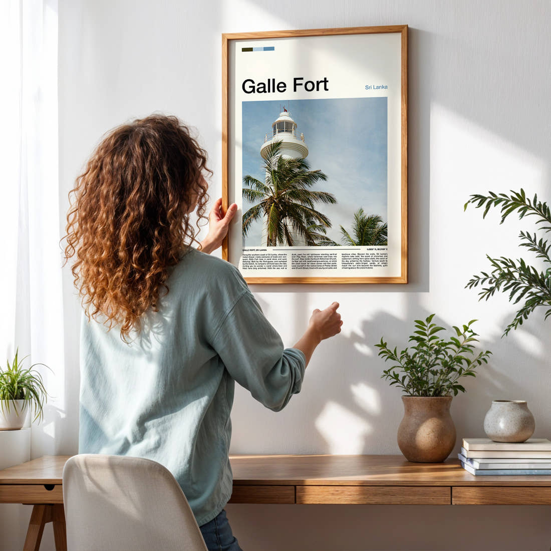 Galle Fort Lighthouse And Palms Travel Print framed on a pale wall beside houseplants
