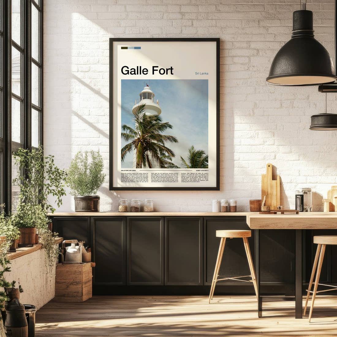 Galle Fort Lighthouse And Palms Travel Print framed on the wall of a bright kitchen and dining space