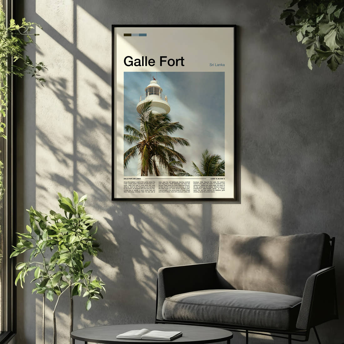 Galle Fort Lighthouse And Palms Travel Print framed on the wall of a relaxed living room