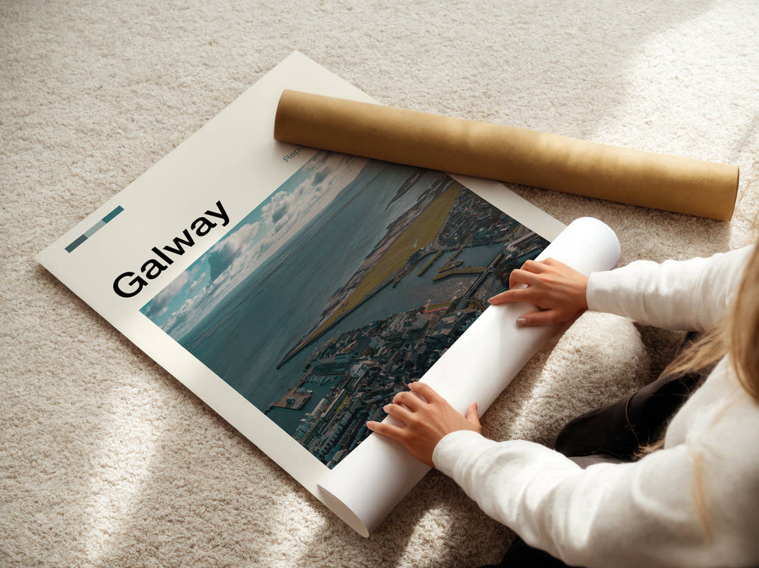 Galway Aerial View Of The Harbour Travel Print being unrolled from its postal tube