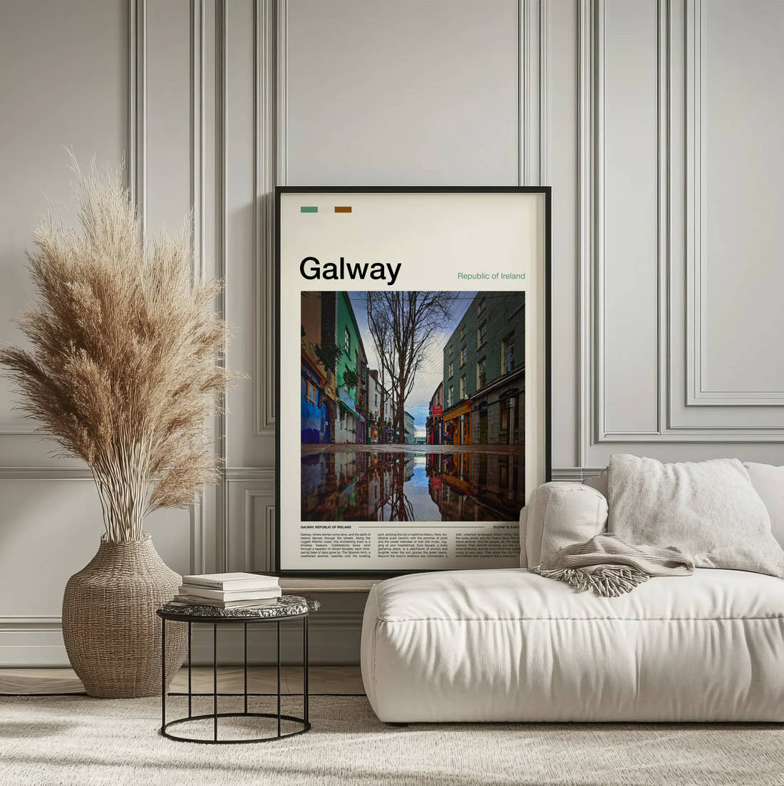 Galway Reflections In A Puddle Travel Print framed on the wall of a calm, neutral bedroom