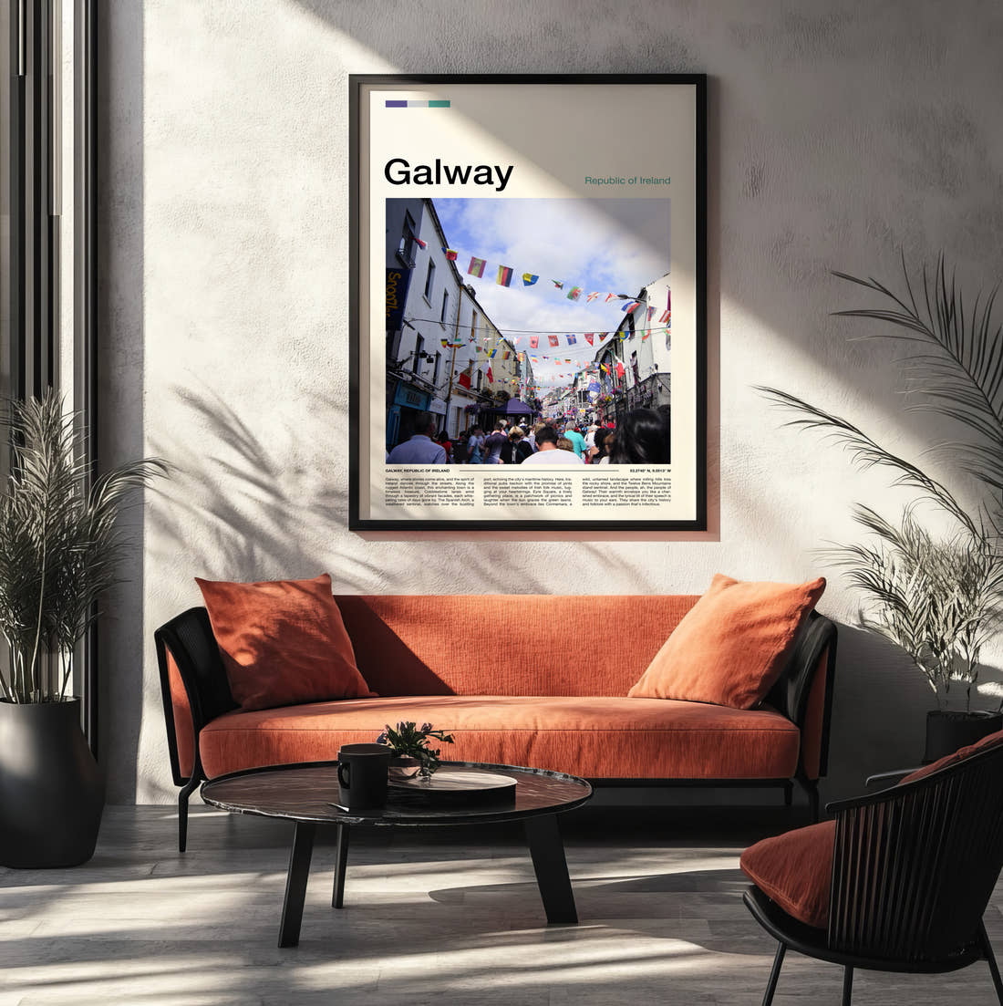 Galway Street With Bunting Travel Print framed on the wall of a modern living room