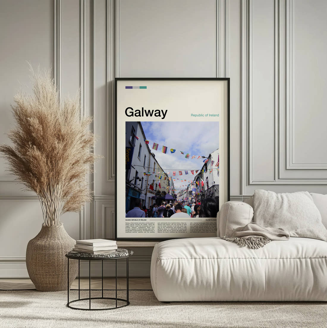 Galway Street With Bunting Travel Print framed on the wall of a calm, neutral bedroom