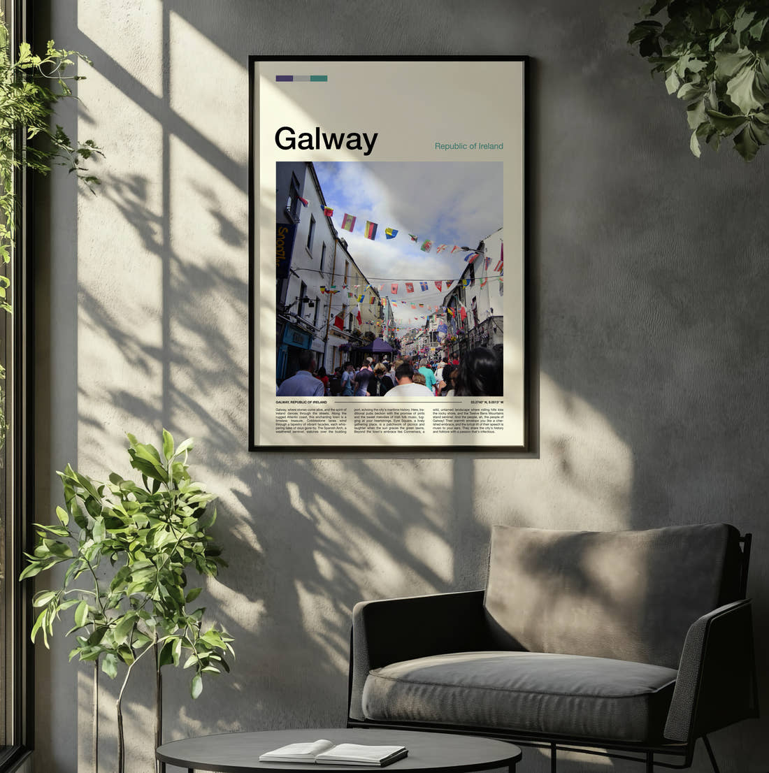 Galway Street With Bunting Travel Print framed on the wall of a relaxed living room