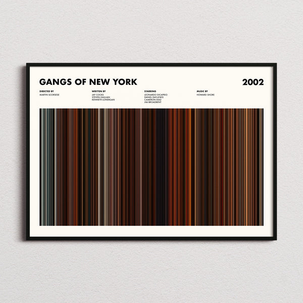 Gangs of New York Movie Barcode Poster framed and photographed straight on