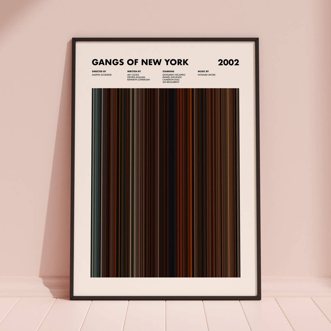 Gangs of New York Movie Barcode Poster framed and leaning against a coloured wall