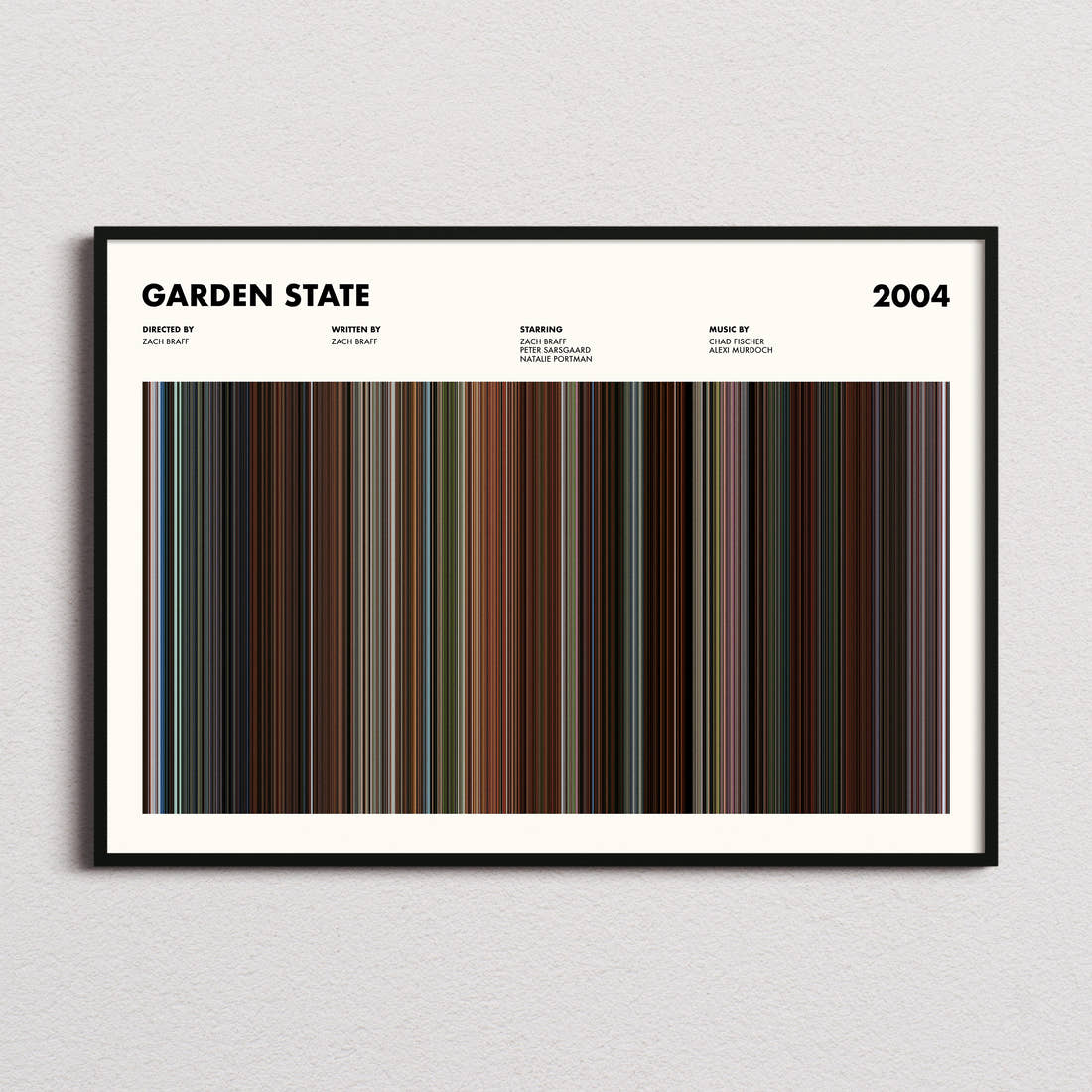 Garden State Movie Barcode Poster framed and photographed straight on