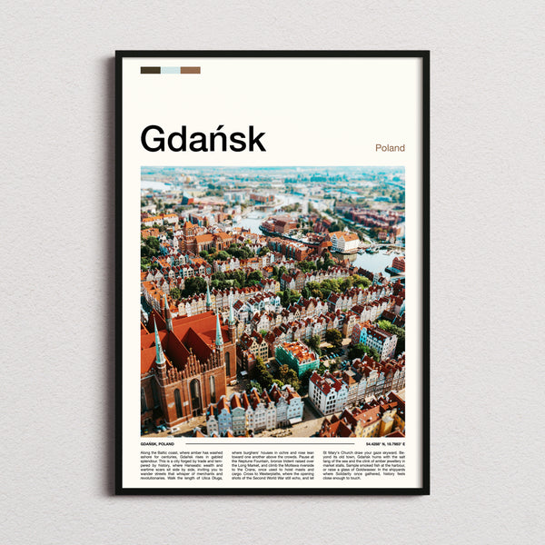 Gdańsk Old Town From Above Travel Print framed and photographed straight on
