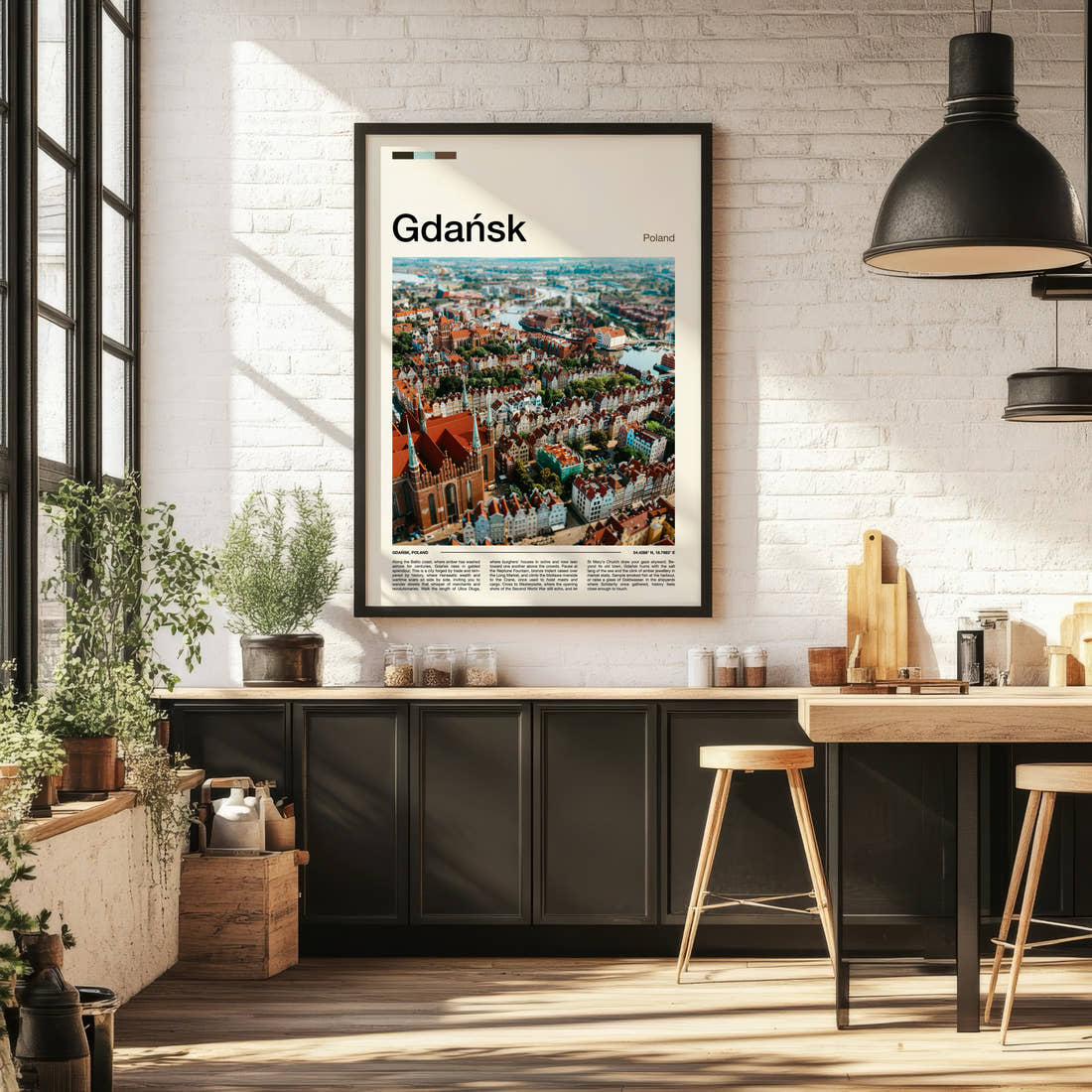 Gdańsk Old Town From Above Travel Print framed on the wall of a bright kitchen and dining space