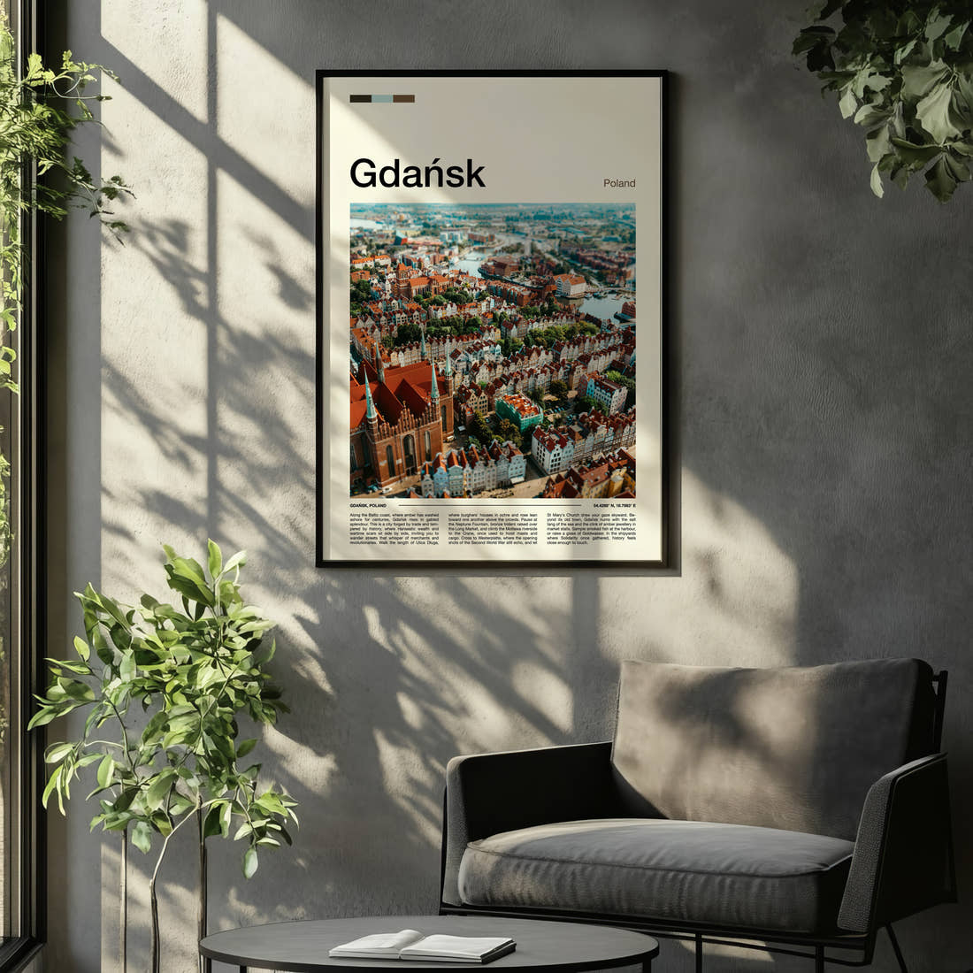 Gdańsk Old Town From Above Travel Print framed on the wall of a relaxed living room