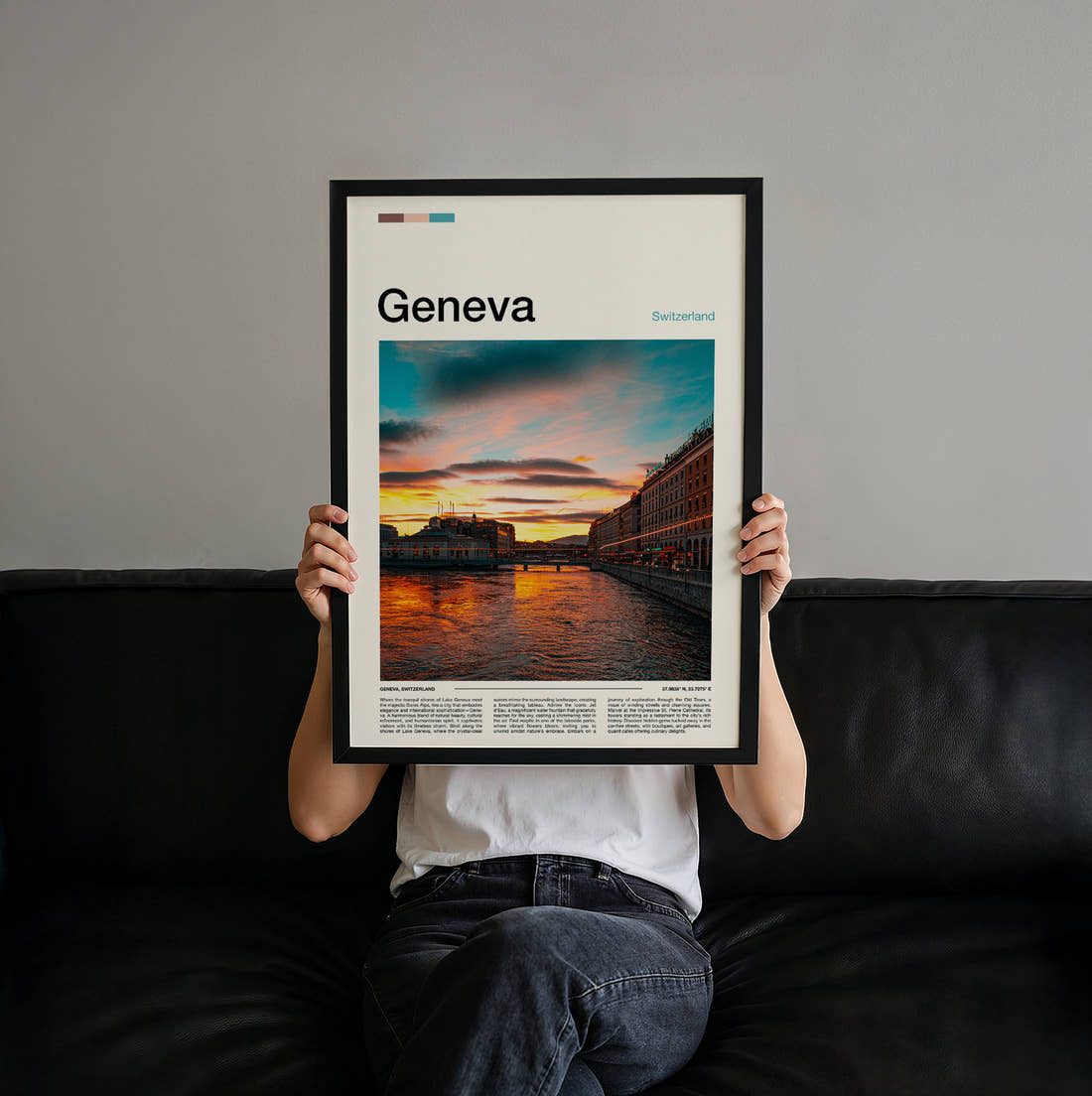 Geneva Travel Print held up by hand to show the size of the print