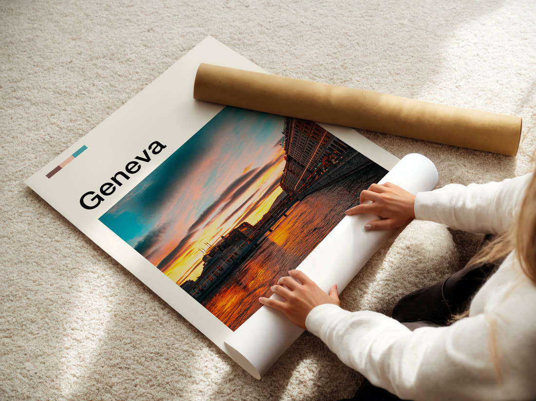 Geneva Travel Print being unrolled from its postal tube