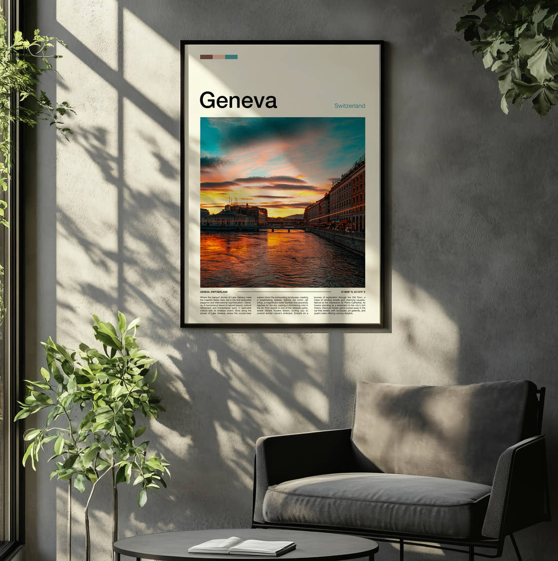 Geneva Travel Print framed on the wall of a relaxed living room