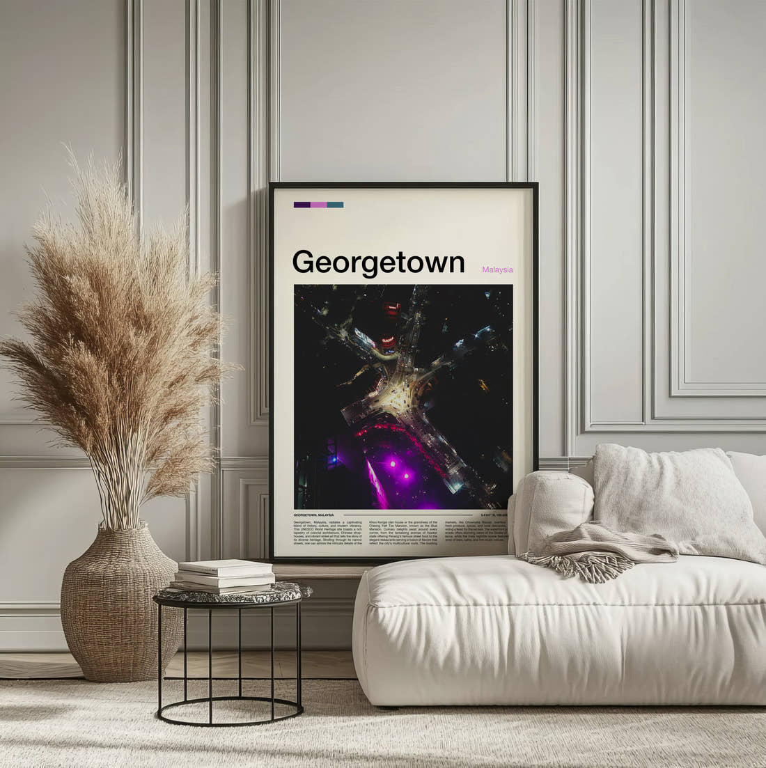 Georgetown Travel Print framed on the wall of a calm, neutral bedroom
