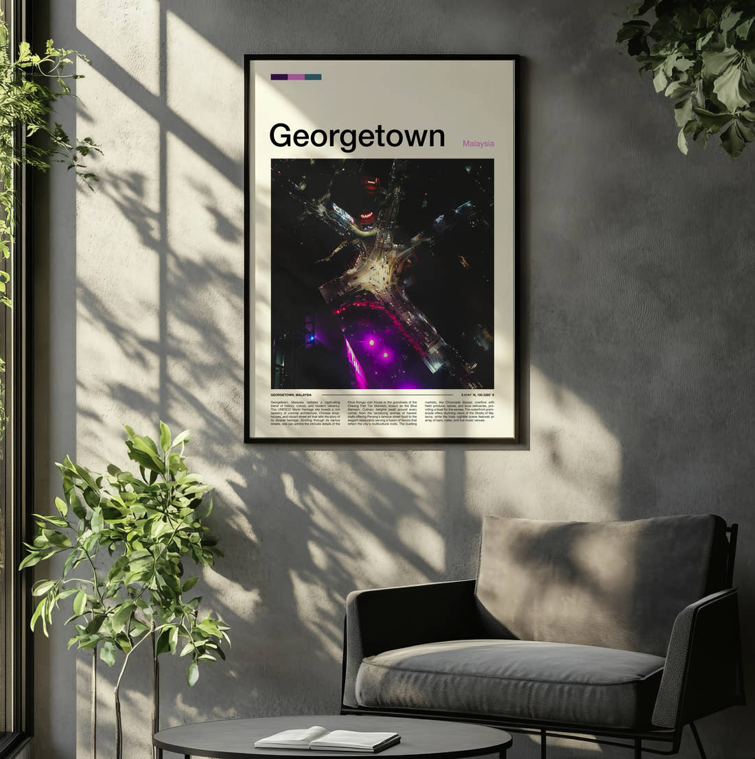 Georgetown Travel Print framed on the wall of a relaxed living room