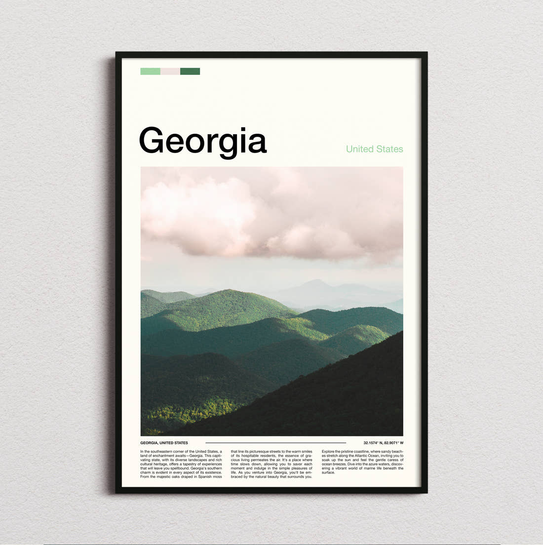 Georgia Misty Green Mountains Travel Print framed and photographed straight on