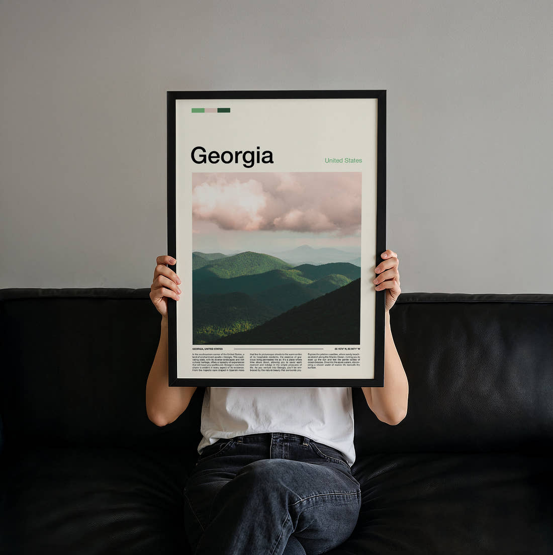 Georgia Misty Green Mountains Travel Print held up by hand to show the size of the print