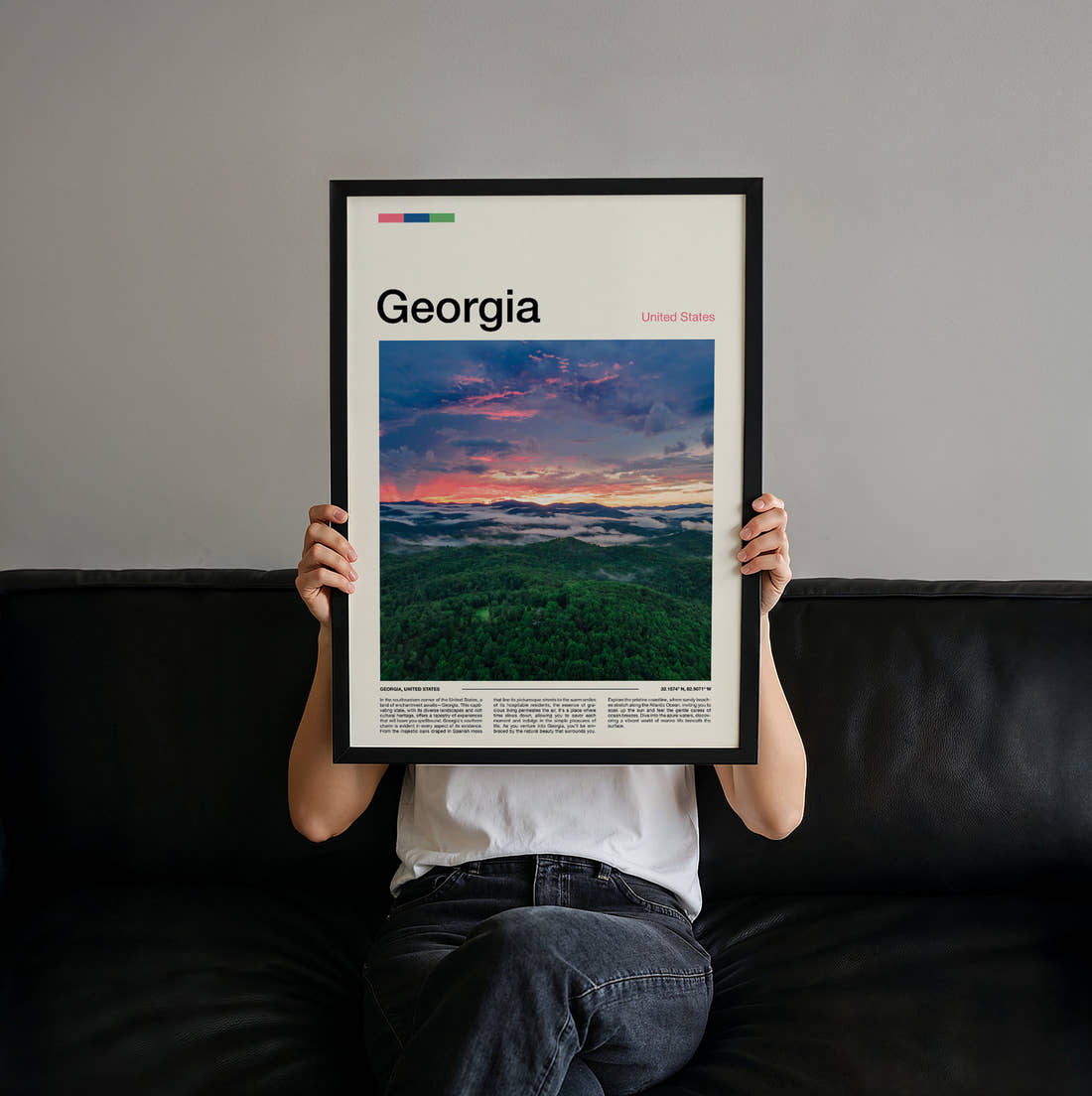 Georgia Forested Hills At Sunset Travel Print held up by hand to show the size of the print