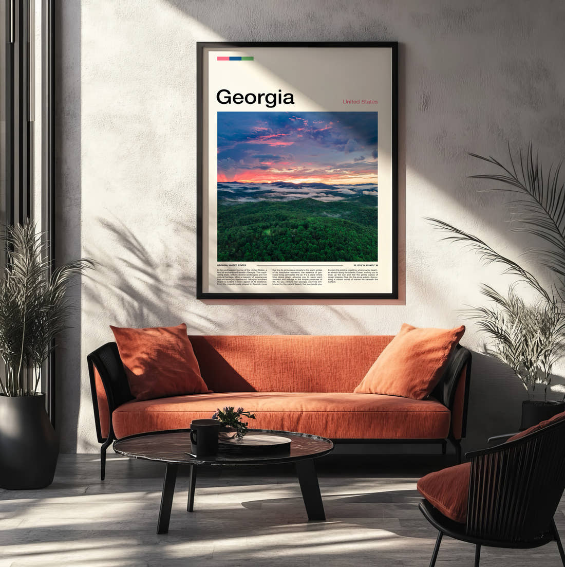 Georgia Forested Hills At Sunset Travel Print framed on the wall of a modern living room