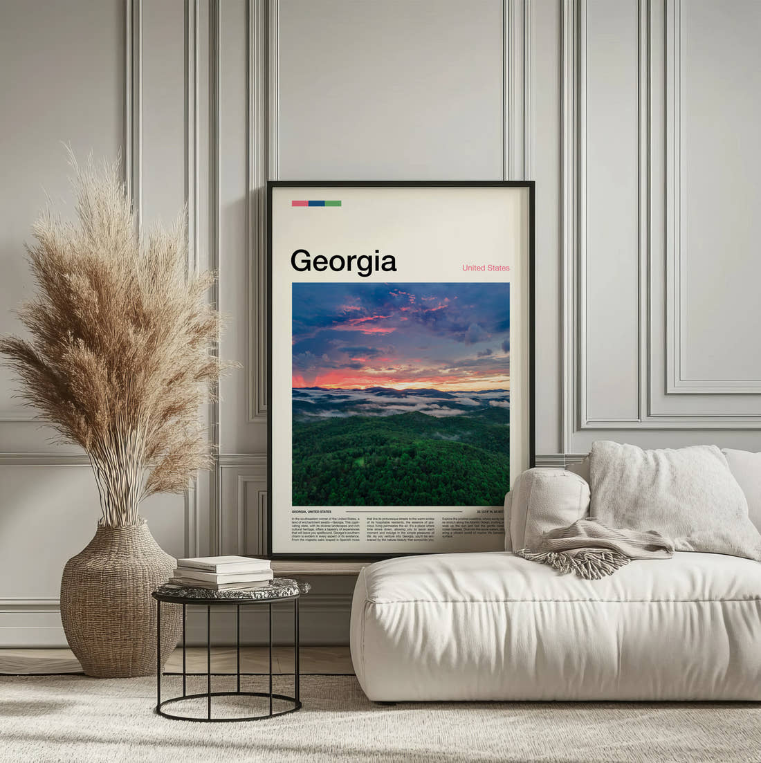 Georgia Forested Hills At Sunset Travel Print framed on the wall of a calm, neutral bedroom