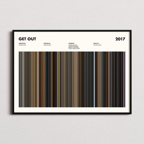 Get Out Movie Barcode Poster framed and photographed straight on