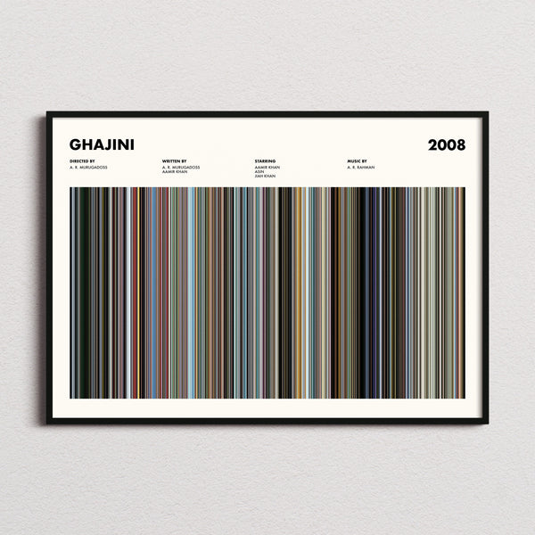Ghajini Movie Barcode Poster framed and photographed straight on