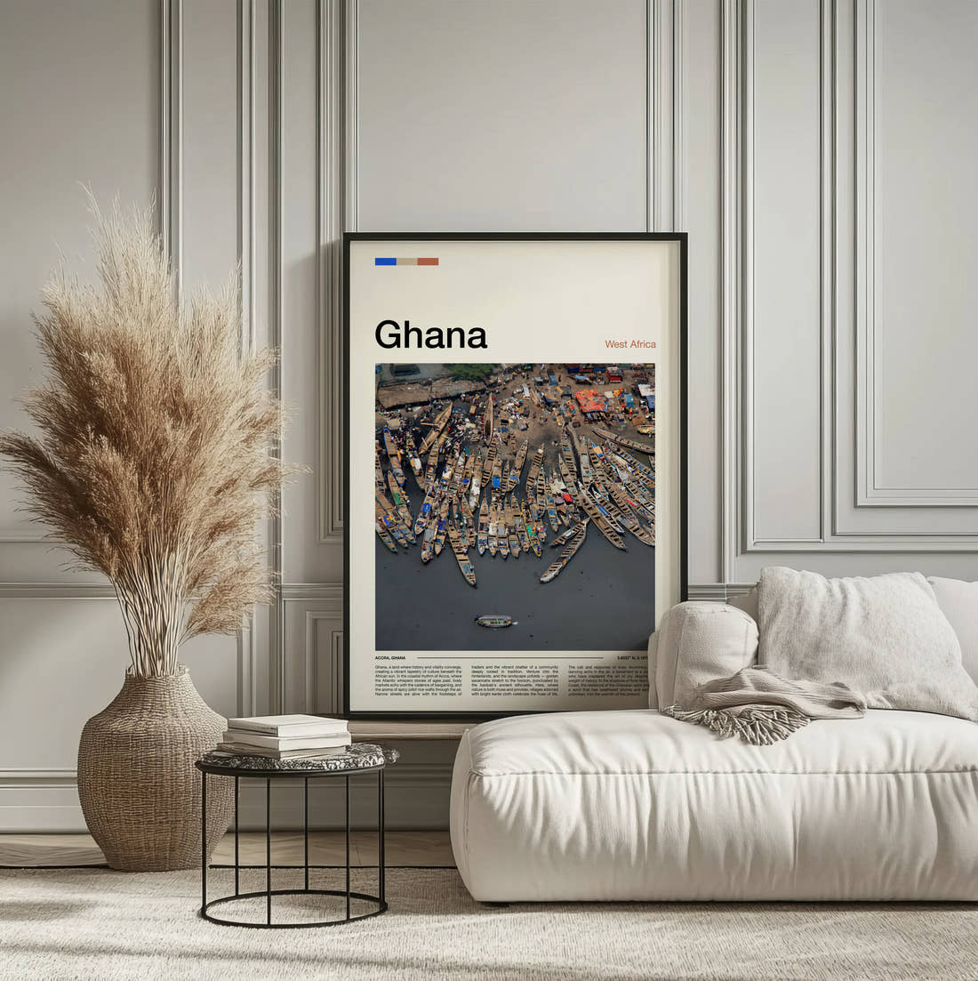 Ghana Fishing Boats Travel Print framed on the wall of a calm, neutral bedroom