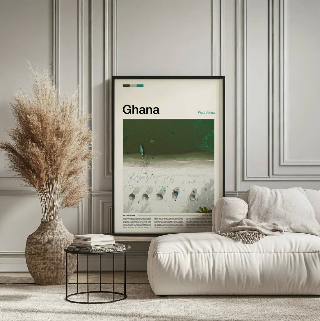 Ghana Aerial View Of The Beach Travel Print framed on the wall of a calm, neutral bedroom