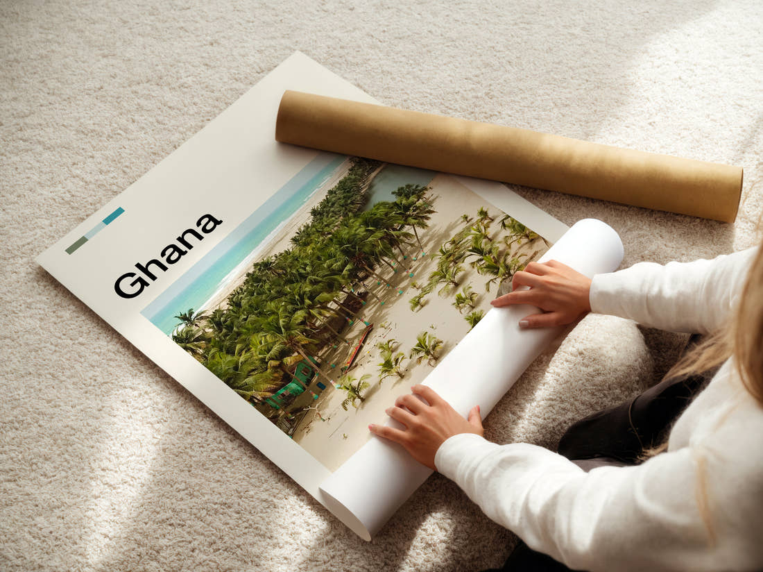 Ghana Palm Trees On The Shore Travel Print being unrolled from its postal tube