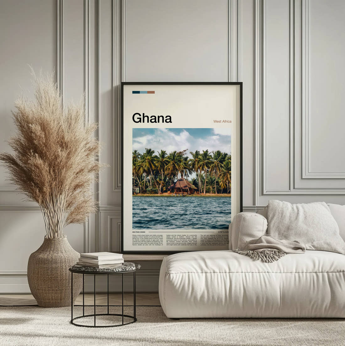 Ghana Thatched Hut Under Palms Travel Print framed on the wall of a calm, neutral bedroom