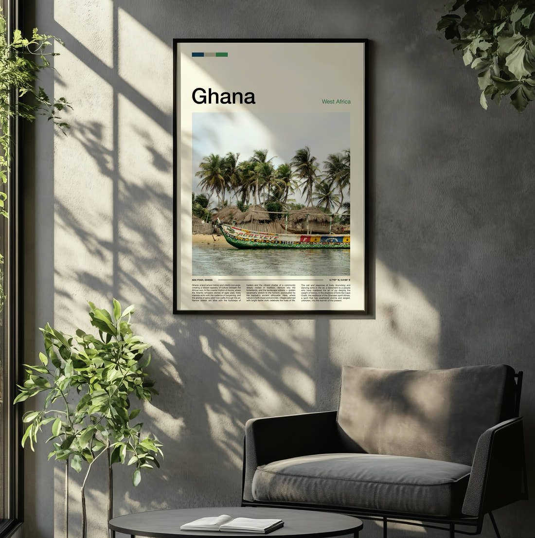 Ghana Colourful Fishing Boat Travel Print framed on the wall of a relaxed living room