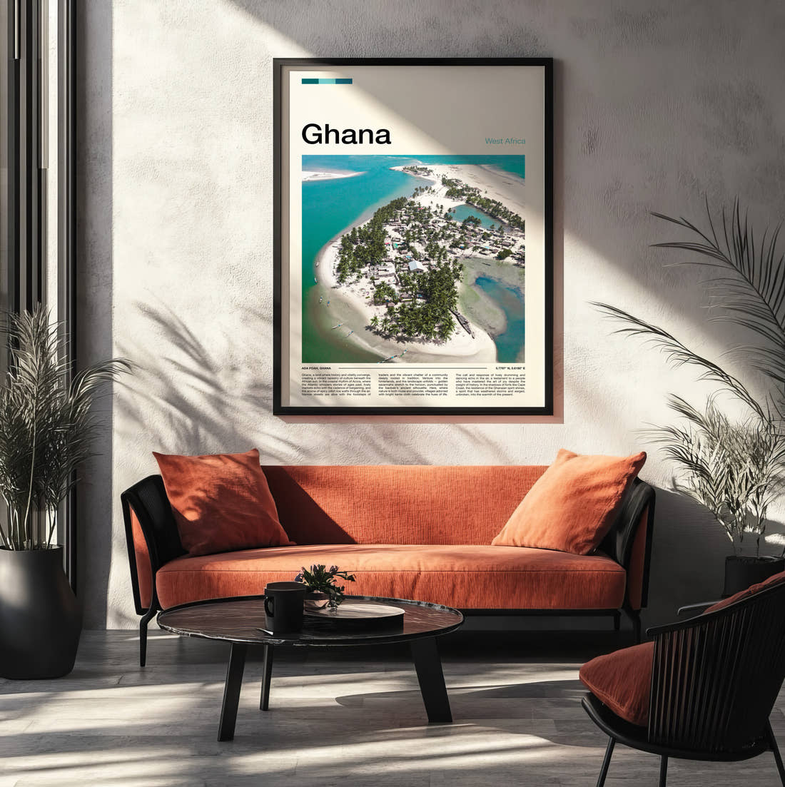 Ghana Aerial View Of The Island Travel Print framed on the wall of a modern living room