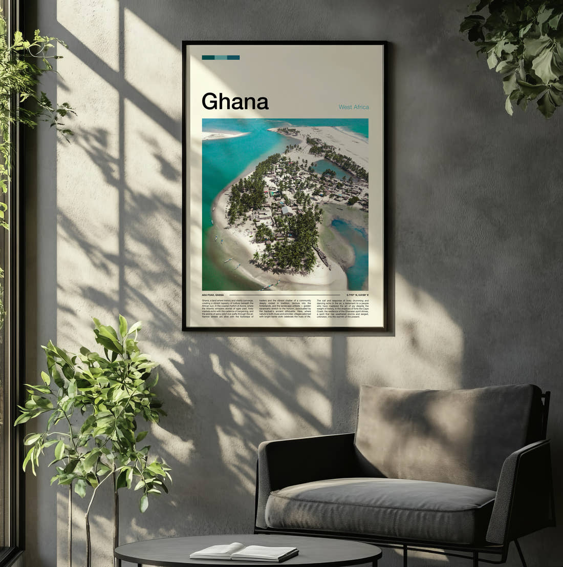 Ghana Aerial View Of The Island Travel Print framed on the wall of a relaxed living room