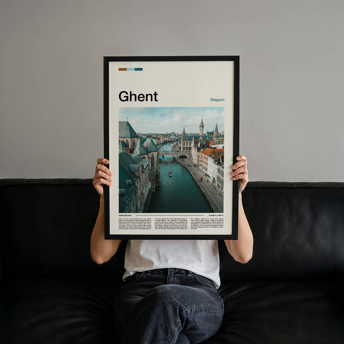 Ghent Canal From Above Travel Print held up by hand to show the size of the print
